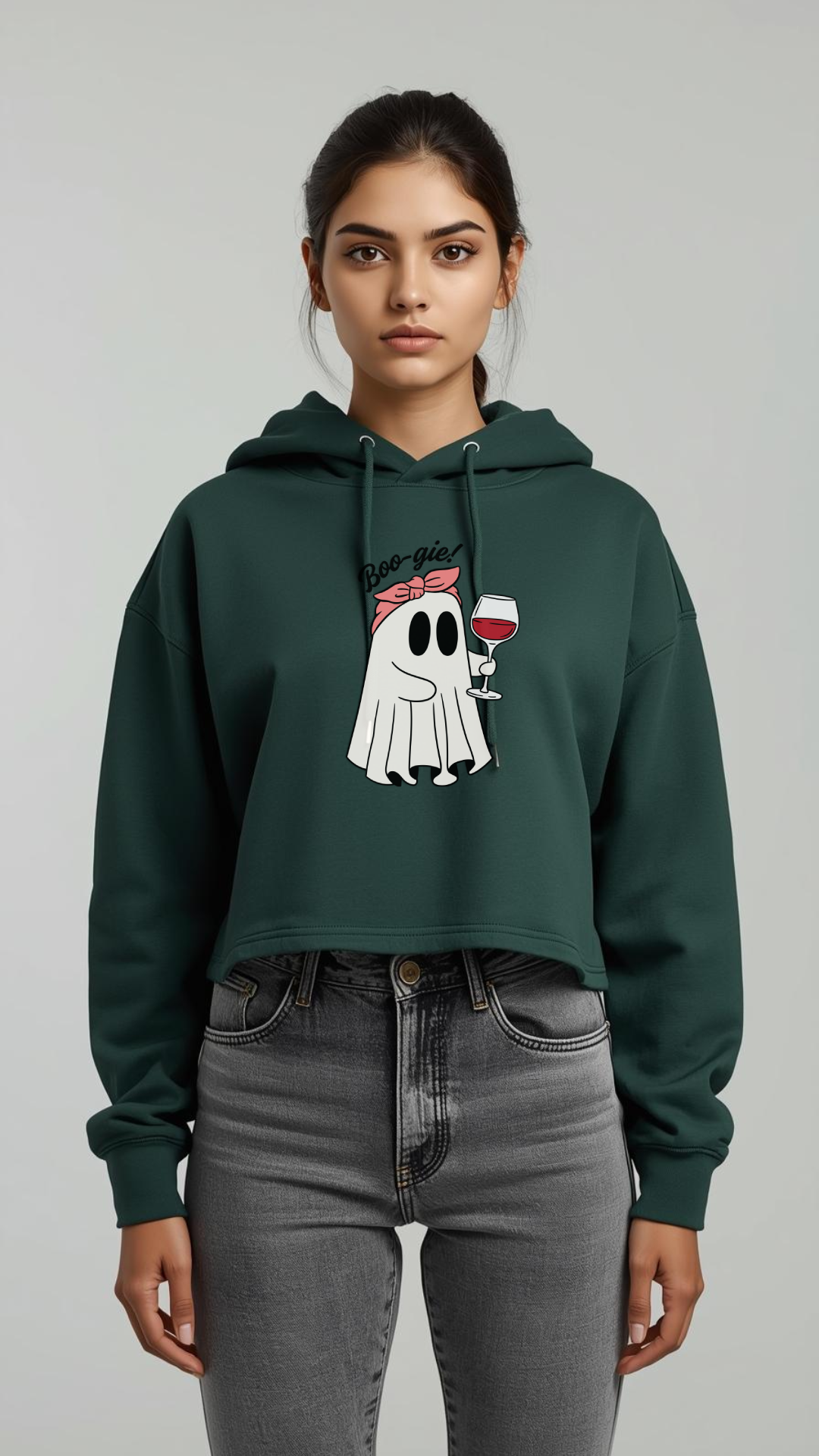 Boo-gie 👻 Women’s Crop Hoodie | Cute Ghost & Wine Vibes Hoodie