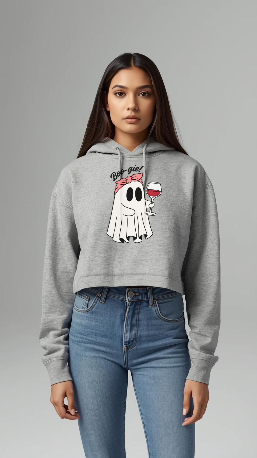 Boo-gie 👻 Women’s Crop Hoodie | Cute Ghost & Wine Vibes Hoodie