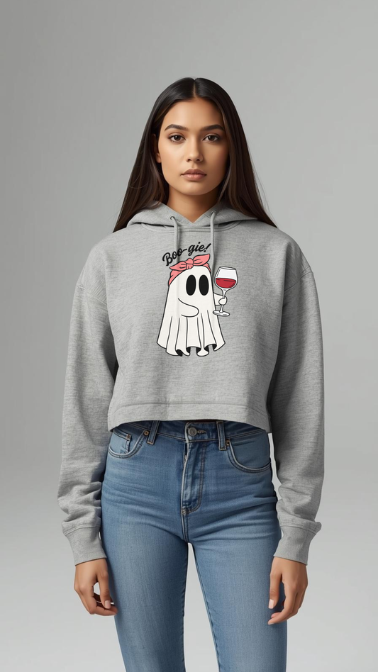 Boo-gie 👻 Women’s Crop Hoodie | Cute Ghost & Wine Vibes Hoodie