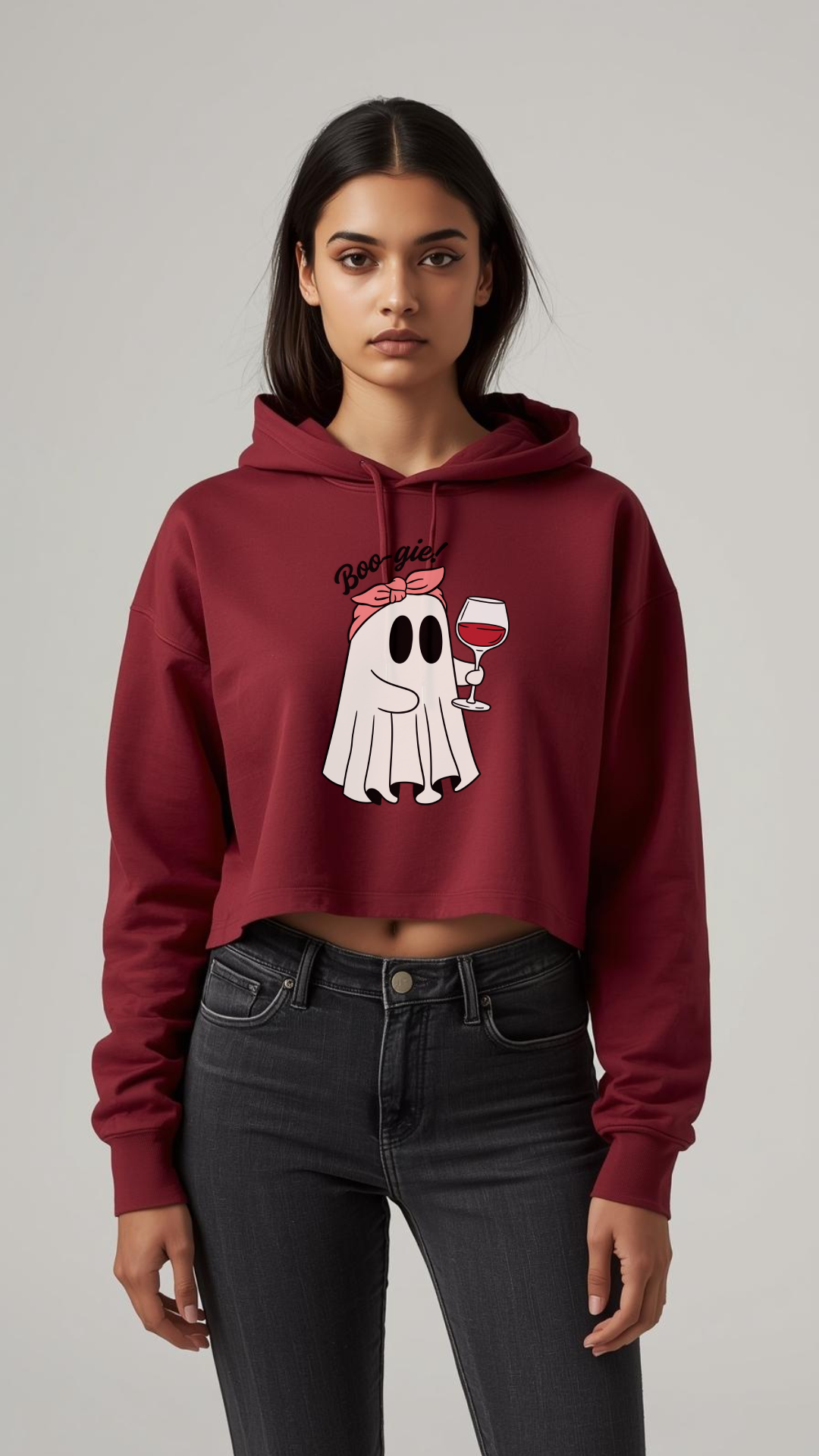 Boo-gie 👻 Women’s Crop Hoodie | Cute Ghost & Wine Vibes Hoodie